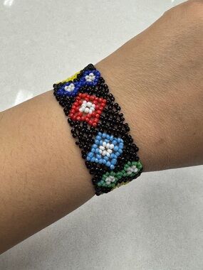 Handmade Seed Bead Floral Bracelet - Black with Red, Blue & Green